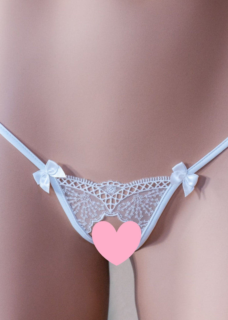 Lucky Cheeks Charming White Crotchless Thong - White Lace Ultra Sexy Underwear | Avec Amour Sexy Lingerie