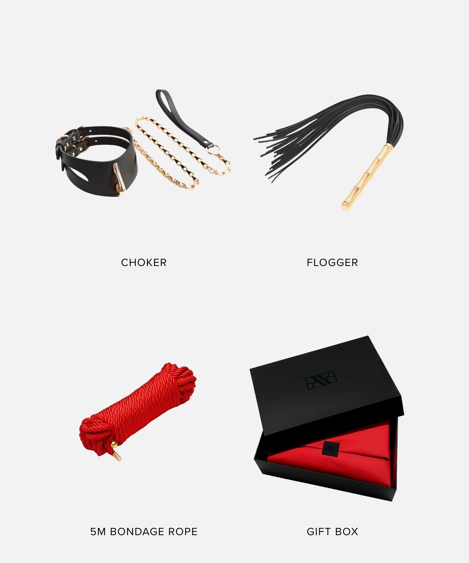 SPANK ME Bondage Gift Set (Medium) | AVAM Molten Choker, AVAM Flogger, Bondage Rope