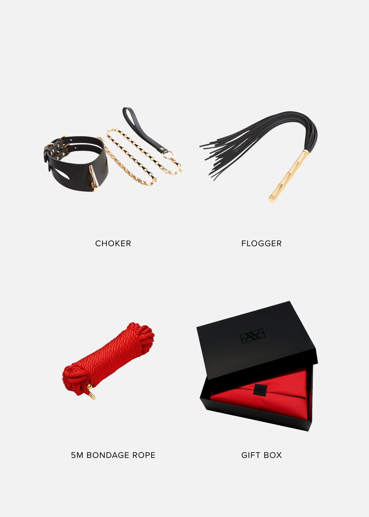 SPANK ME Bondage Gift Set (Medium) | AVAM Molten Choker, AVAM Flogger, Bondage Rope
