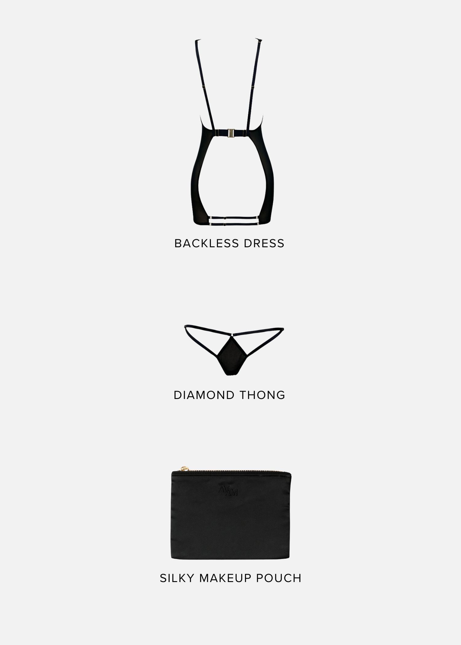 SPOIL ME Lingerie Gift Set (Medium) | AVAM Backless Dress, AVAM DIAMOND Thong, Silk Makeup Pouch