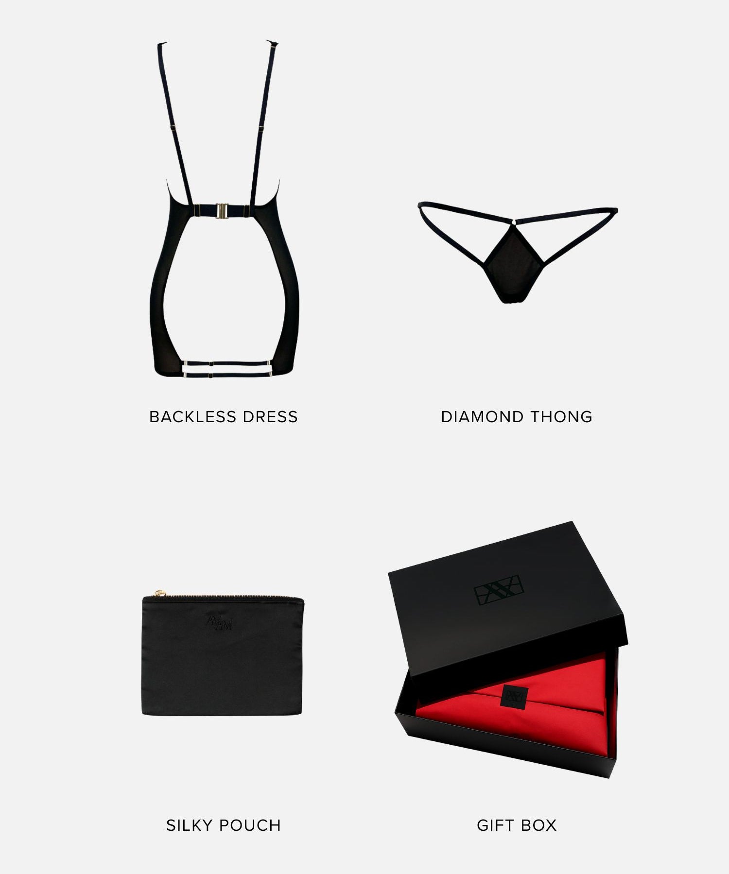 SPOIL ME Lingerie Gift Set (Medium) | AVAM Backless Dress, AVAM DIAMOND Thong, Silk Makeup Pouch