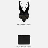 TREAT ME Lingerie Gift Set (Small) | AVAM Deep V Backless Bodysuit, Silk Makeup Pouch