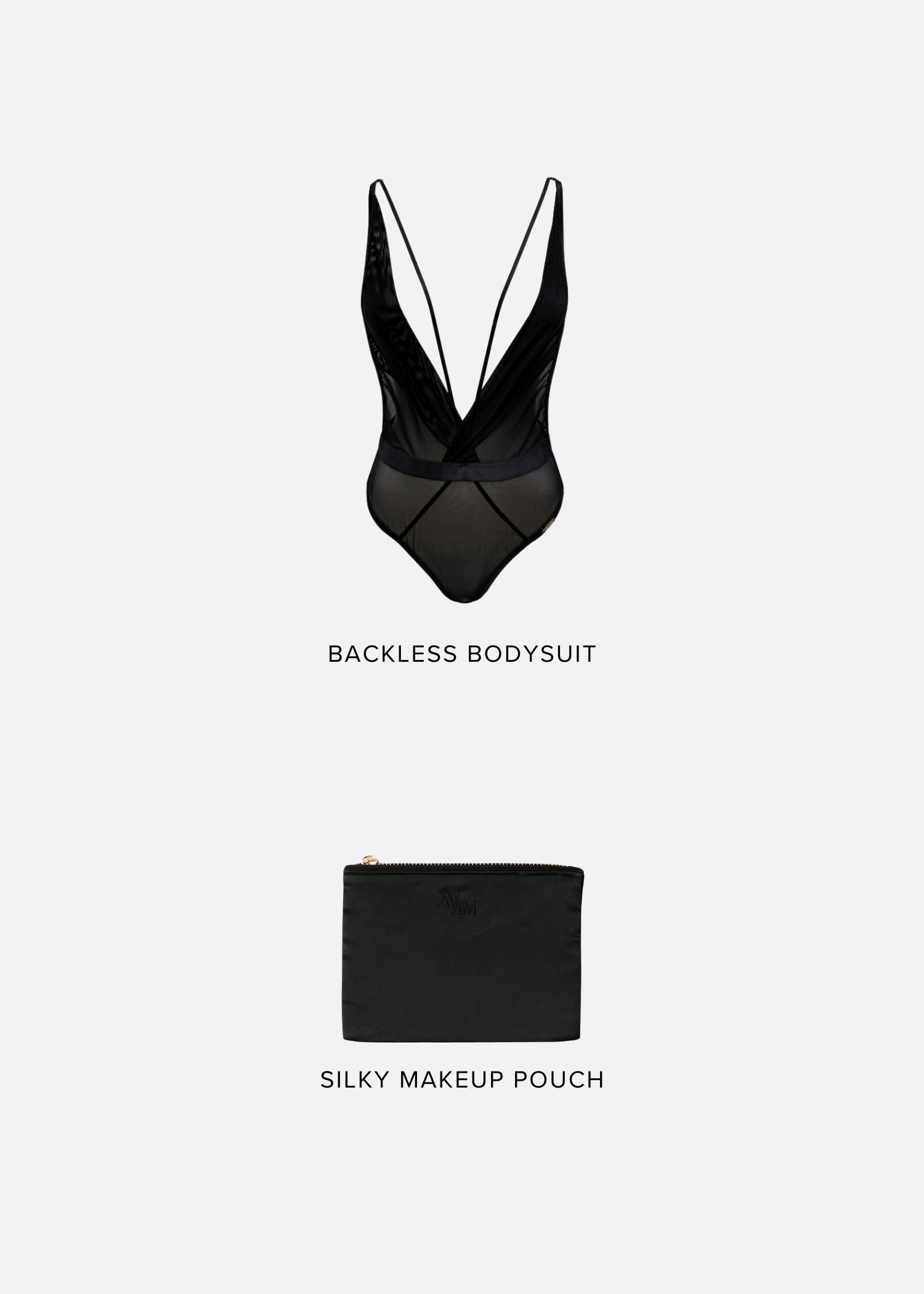 TREAT ME Lingerie Gift Set (Small) | AVAM Deep V Backless Bodysuit, Silk Makeup Pouch
