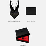 TREAT ME Lingerie Gift Set (Small) | AVAM Deep V Backless Bodysuit, Silk Makeup Pouch