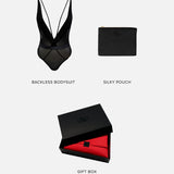TREAT ME Lingerie Gift Set (Small) | AVAM Deep V Backless Bodysuit, Silk Makeup Pouch