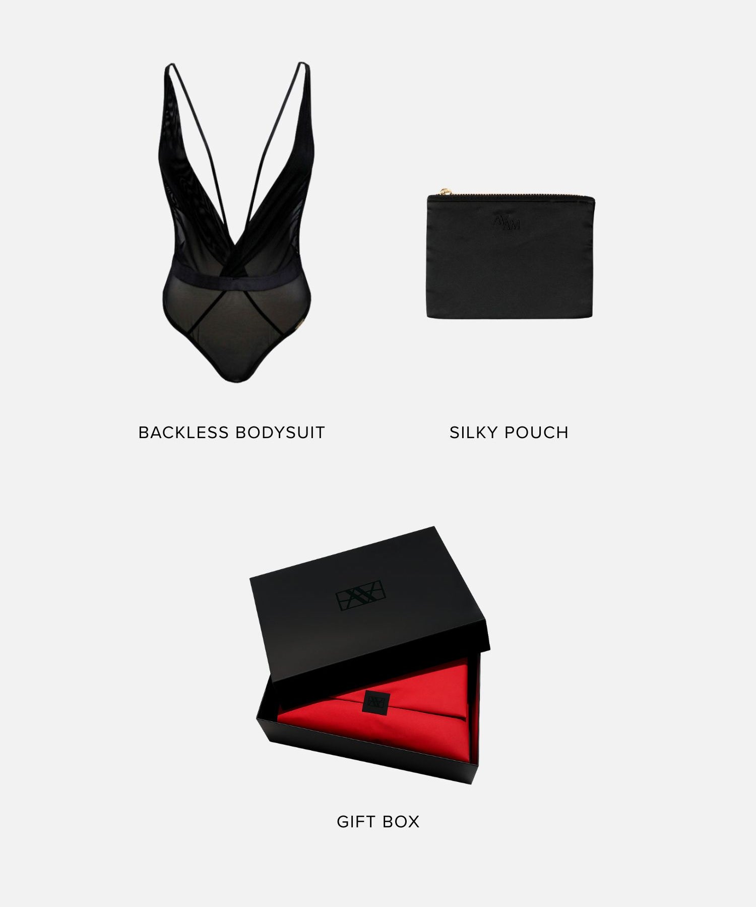 TREAT ME Lingerie Gift Set (Small) | AVAM Deep V Backless Bodysuit, Silk Makeup Pouch