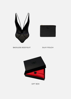 TREAT ME Lingerie Gift Set (Small) | AVAM Deep V Backless Bodysuit, Silk Makeup Pouch