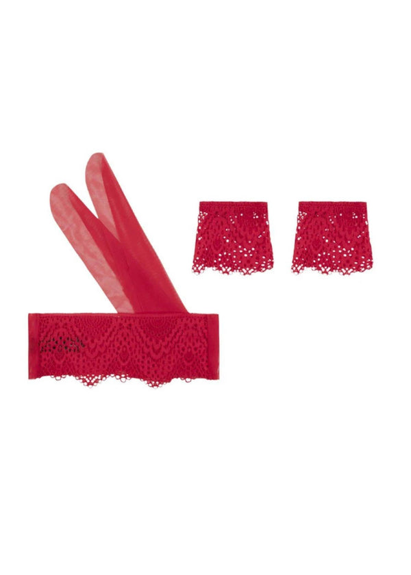 Atelier Amour Desire Rouge Unveil Me Kit - Red Lace Blindfold, Eyemask, Lace Cuff - Bedroom Fun - Role-Play Accessories - Avec Amour Sexy Lingerie