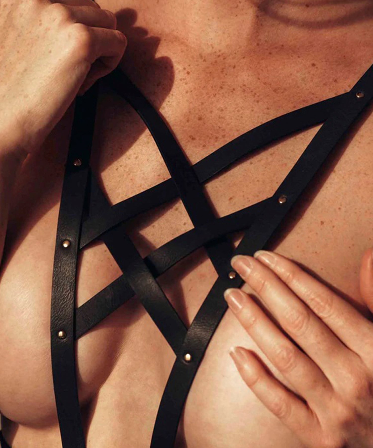 Bijoux Indiscrets Maze Black Vegan Leather Cross Cleavage Harness - Bodywear | Avec Amour Sexy Lingerie