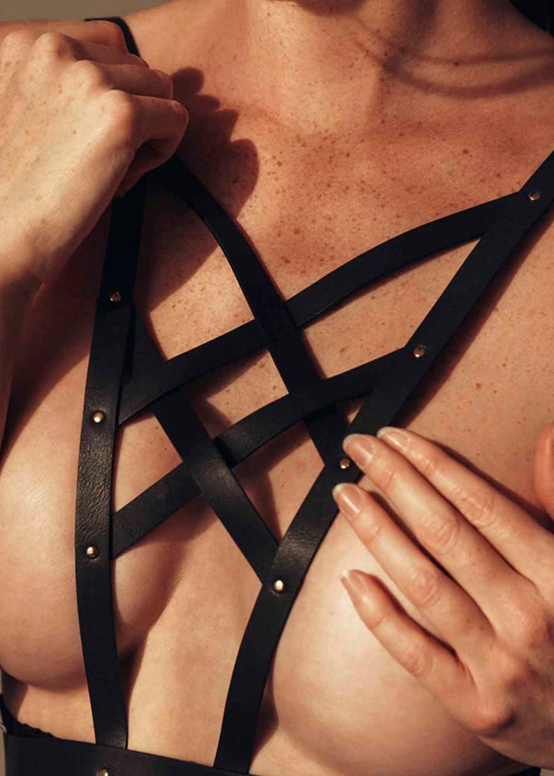 Bijoux Indiscrets Maze Black Vegan Leather Cross Cleavage Harness - Bodywear | Avec Amour Sexy Lingerie