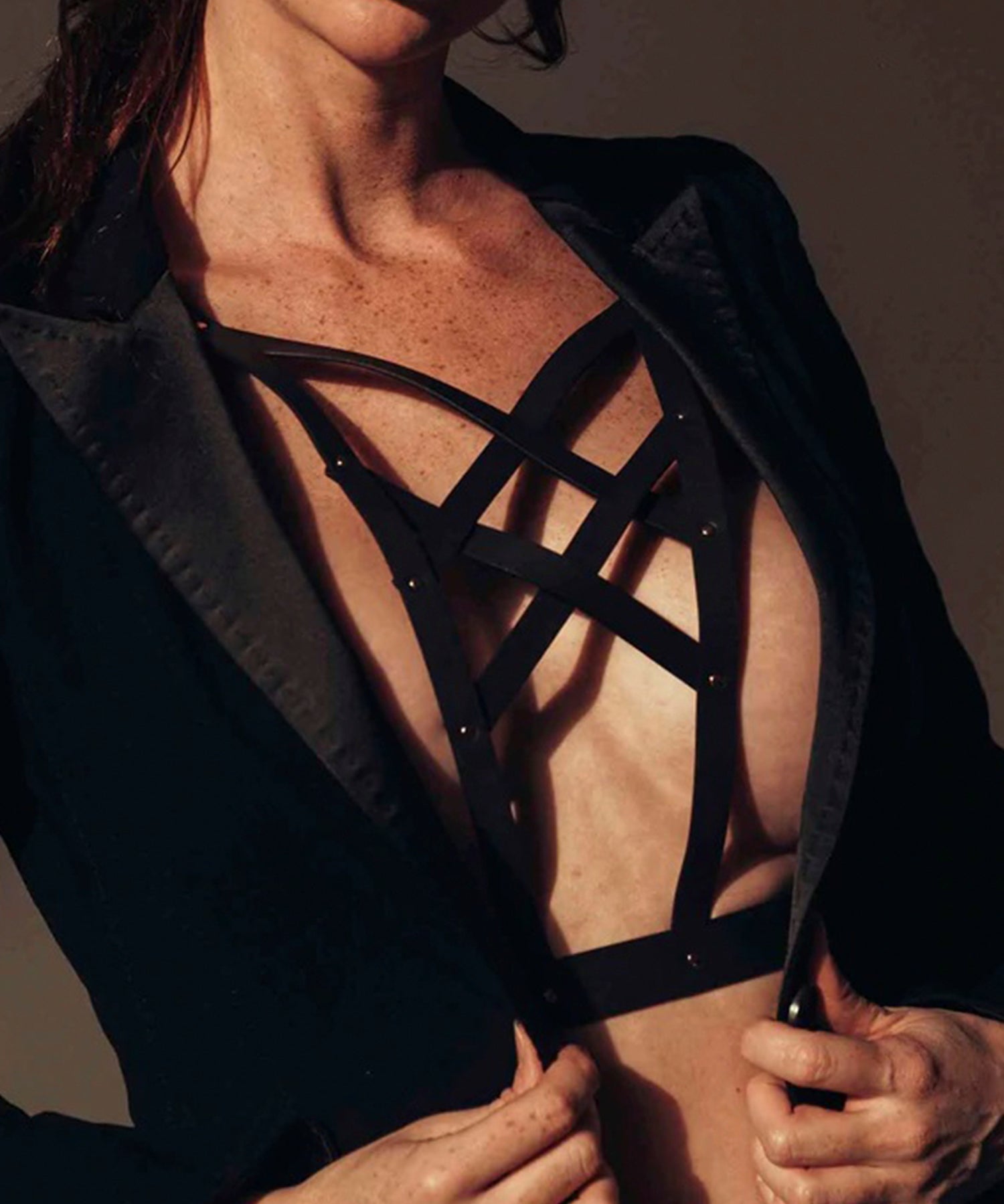 Bijoux Indiscrets Maze Black Vegan Leather Cross Cleavage Harness - Bodywear | Avec Amour Sexy Lingerie