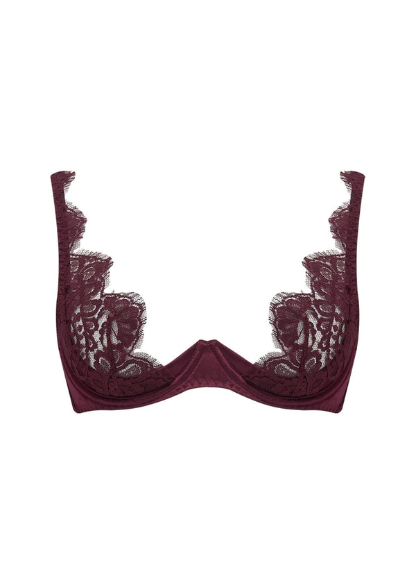 Coco de Mer Camellia High Apex Plunge Bra (Sienna) - Red Lace Underwired Brassiere | Avec Amour Luxury Lingerie
