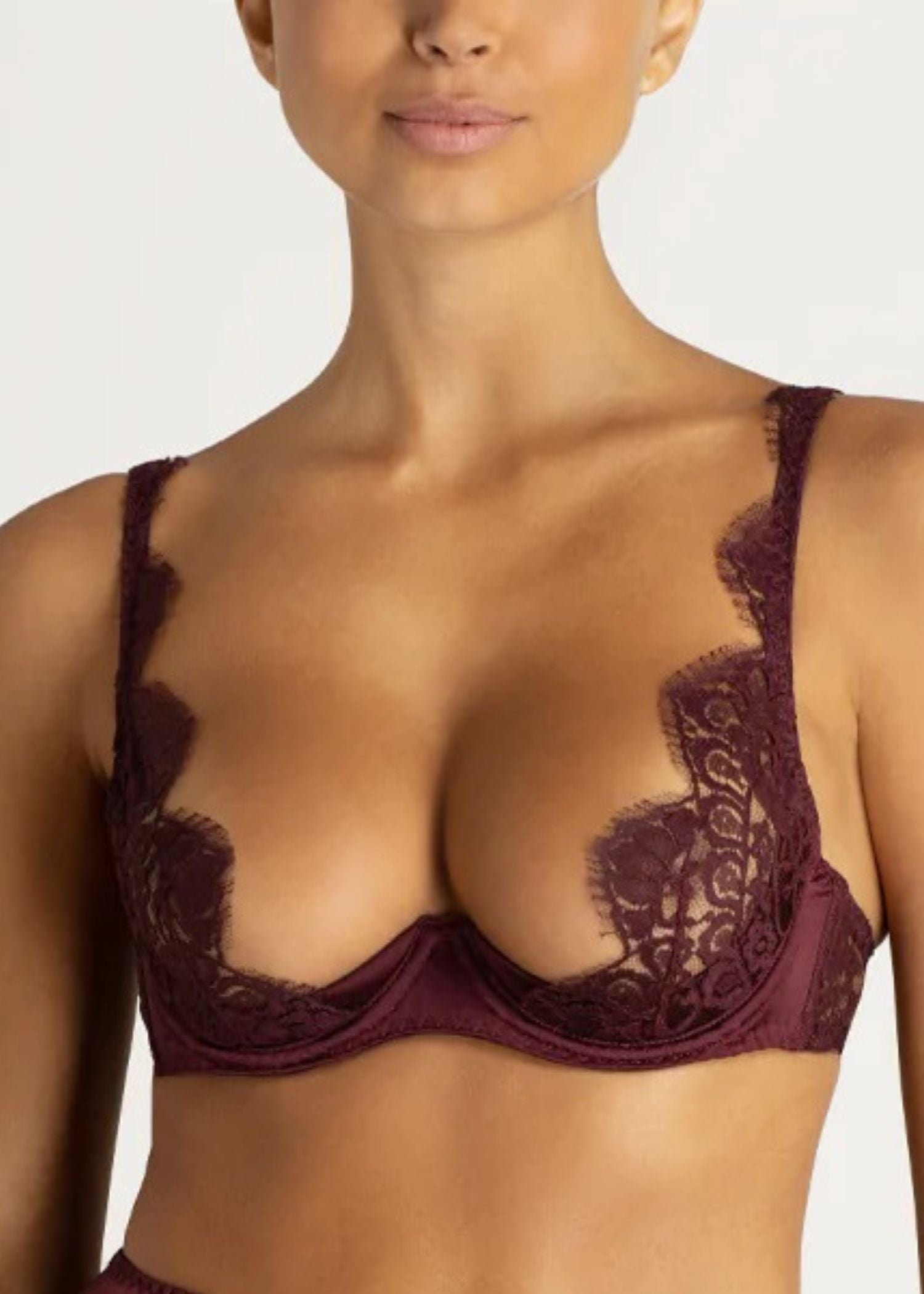 Coco de Mer Camellia High Apex Plunge Bra (Sienna) - Red Lace Underwired Brassiere | Avec Amour Luxury Lingerie
