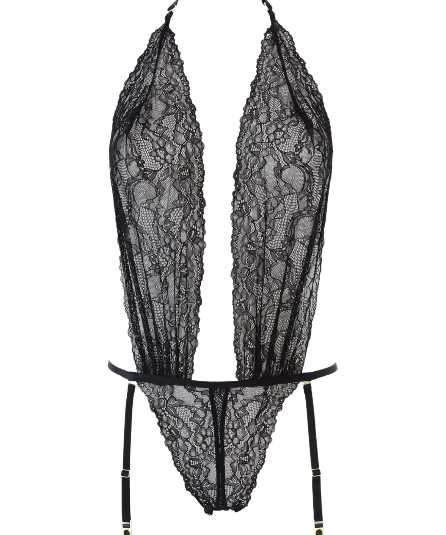 Maison Close Le Petit Secret Openable Thong Body (Black) - With Detachable Suspenders | Avec Amour Luxury Lingerie