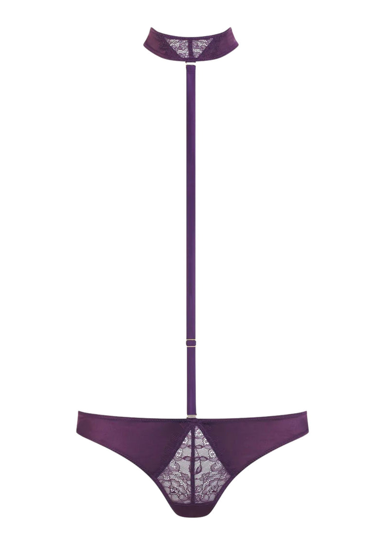 Maison Close Villa Satine Harness Thong (Purple) - Lace & Satin Detachable Harness | Avec Amour Luxury Lingerie