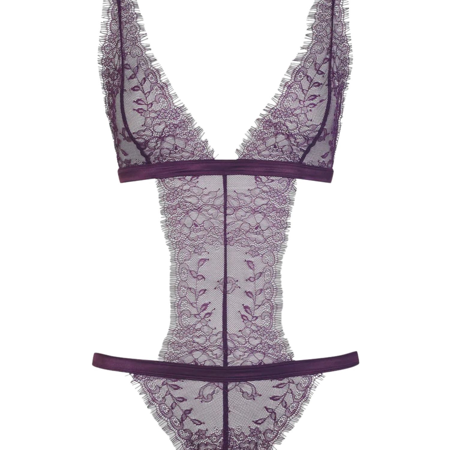 Maison Close Villa Satine Thong Body (Purple) - Soft Lace Bodysuit | Avec Amour Luxury Lingerie