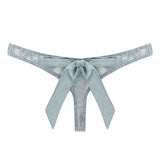 Muse by Coco de Mer Viola Satin Lace Bow Back Thong (Pale Blue) - Sexy Lingerie