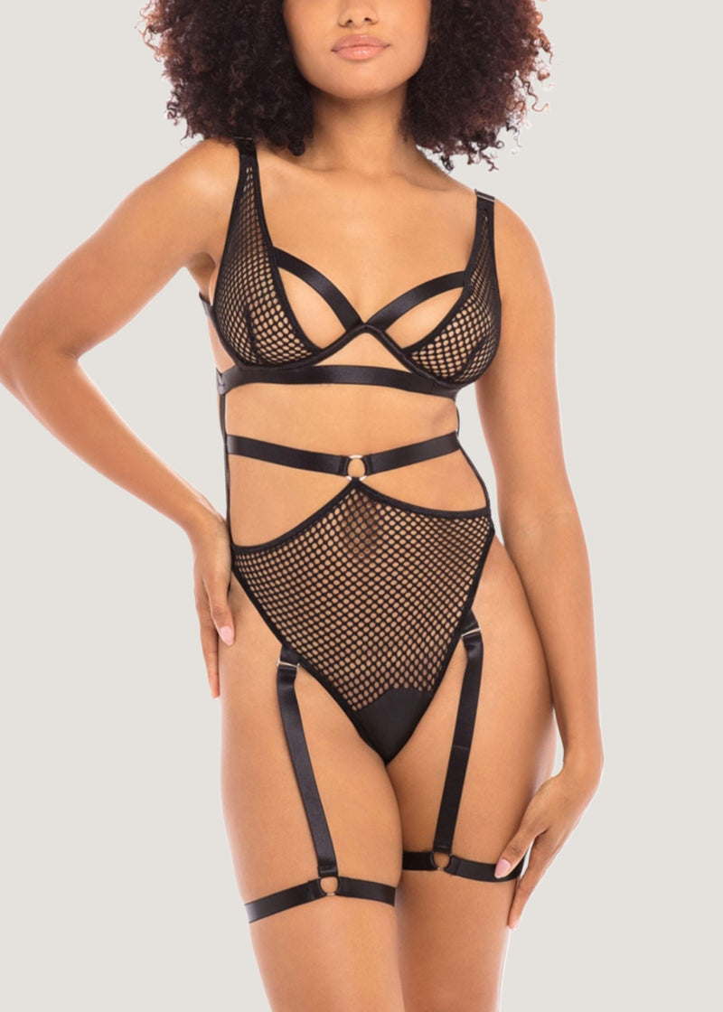 Oh La La Cheri Jada Black Fishnet Teddy with Removable Garters - Sexy Lingerie