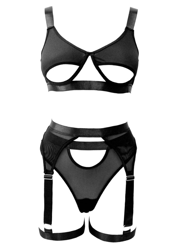 Unleash/ed Anda Black Open Bra, Thong & Garter Set - Sexy Lingerie