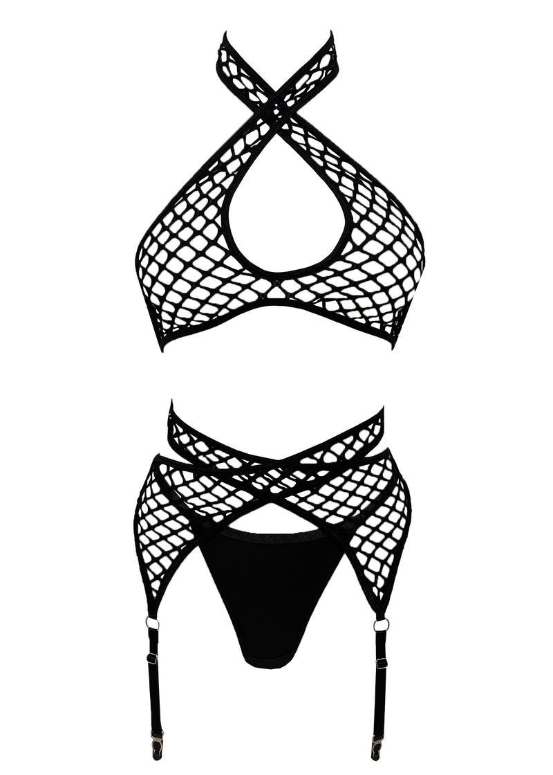 Unleash/ed Camille Fishnet Halter-Neck Bralette, Thong and Suspender - Lingerie Set | Avec Amour Sexy Lingerie