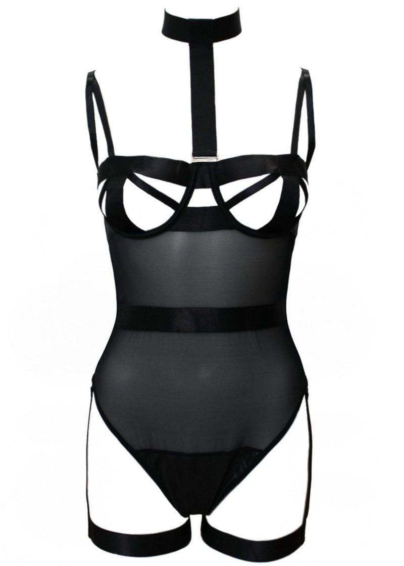 Unleash/ed Danielle Bodysuit (Black) with Detachable Choker & Suspender Garter | Avec Amour Sexy Lingerie