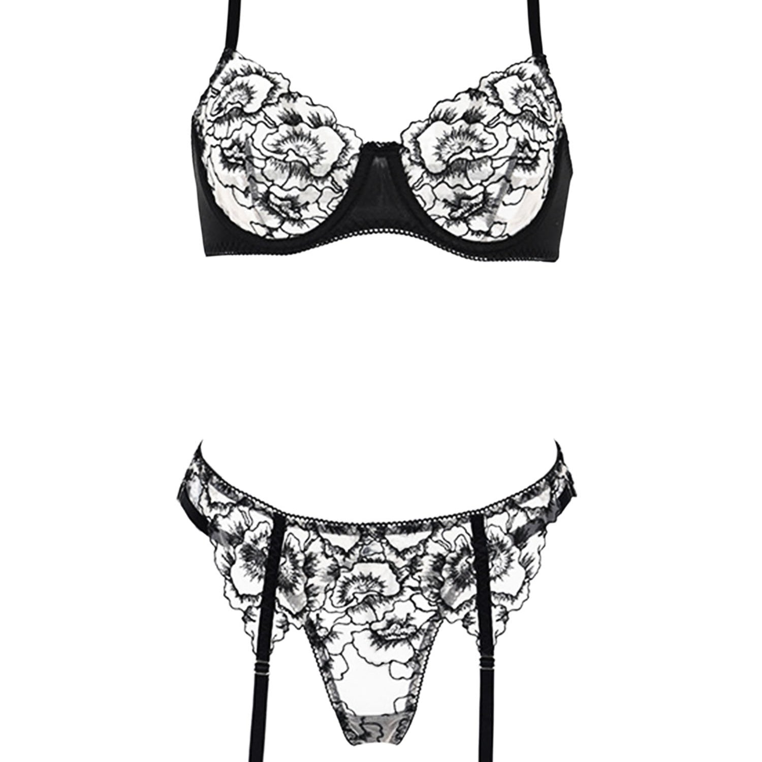 Unleash/ed Dawn Underwired Bra, Thong & Suspender Lingerie Set (Black / Nude) |  Avec Amour Sexy Lingerie