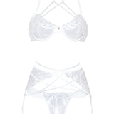 Unleash/ed Elvira Criss-Cross White Lace Underwired Bra, Thong & Suspender - Rhinestone Jewelry | Avec Amour Sexy Lingerie