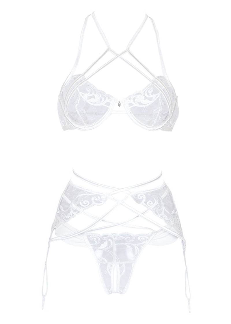 Unleash/ed Elvira Criss-Cross White Lace Underwired Bra, Thong & Suspender - Rhinestone Jewelry | Avec Amour Sexy Lingerie