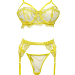 Unleash/ed Julie Mesh Underwired Yellow Bra, Thong & Suspender Lingerie Set - Sexy Lingerie