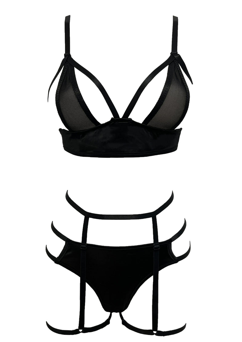 Unleash/ed Michaela Cut-Out Bra, Thong and Suspender Garter Belt - Open Bra - Sexy Lingerie