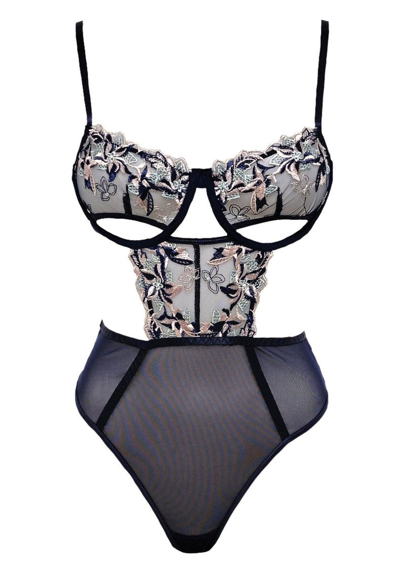 Unleash/ed Nabila Blue Embroidery Cut Out Bodysuit - Sexy Lingerie