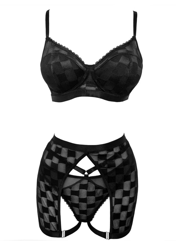 Unleash/ed Nicki Wired Non-Padded Bra, Thong & Garter Dress (Black) - Sexy Lingerie Set