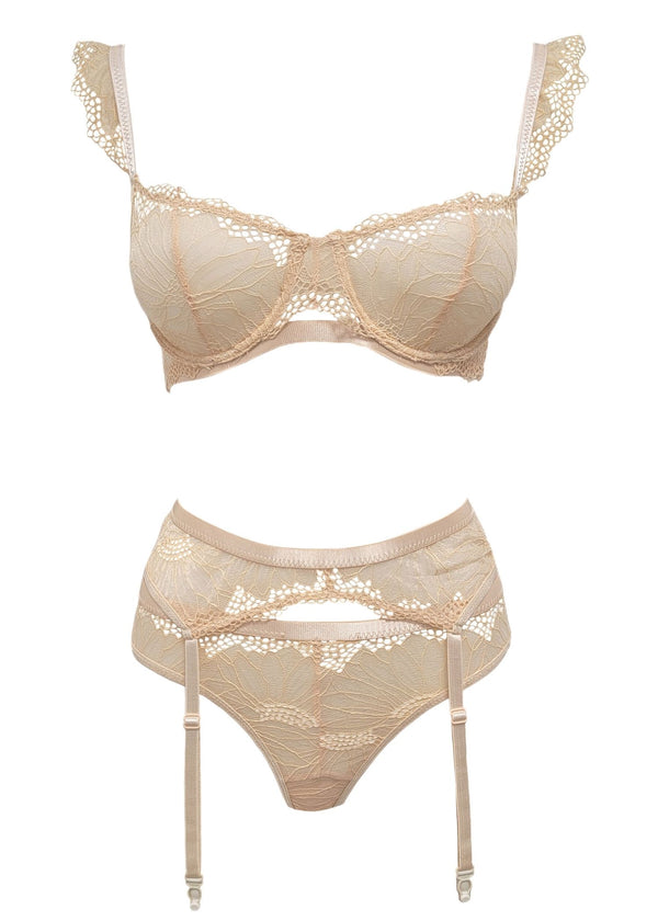 Unleashed Ophira Nude Lace Bra, Thong & Suspender Belt - Sexy Lingerie Set