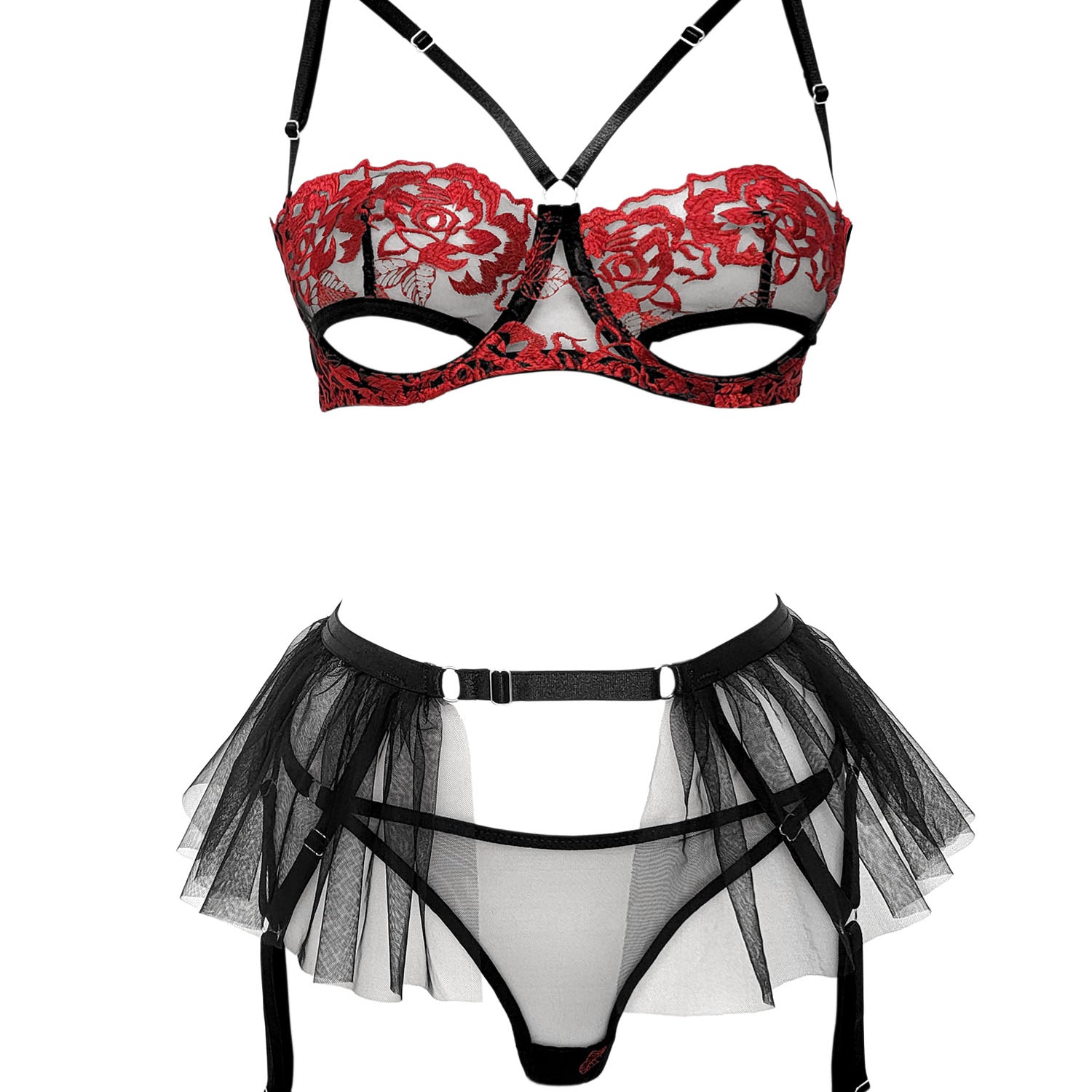 Unleash/ed Rebecca Open Bra, Thong & Suspender (Black/Red) - Soft Mesh Tulle | Avec Amour Sexy Lingerie