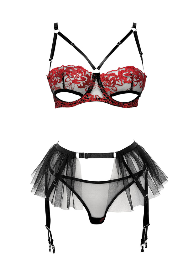 Unleash/ed Rebecca Open Bra, Thong & Suspender (Black/Red) - Soft Mesh Tulle | Avec Amour Sexy Lingerie