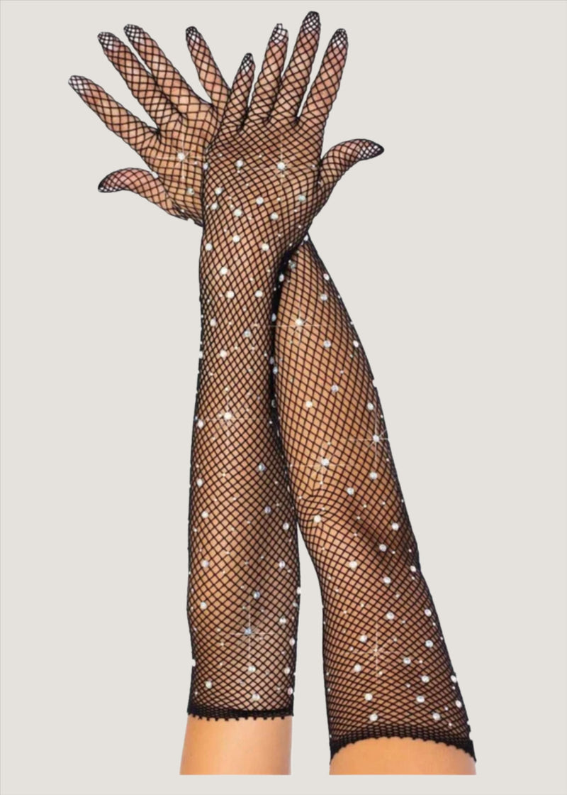 Unleash/ed Rhinestone Fishnet Gloves (Black) | Avec Amour Sexy Lingerie Accessories