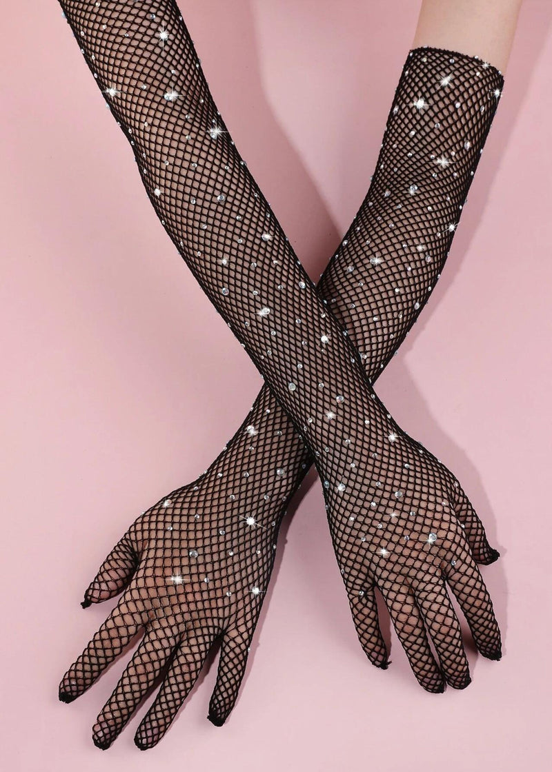 Unleash/ed Rhinestone Fishnet Gloves (Black) | Avec Amour Sexy Lingerie Accessories