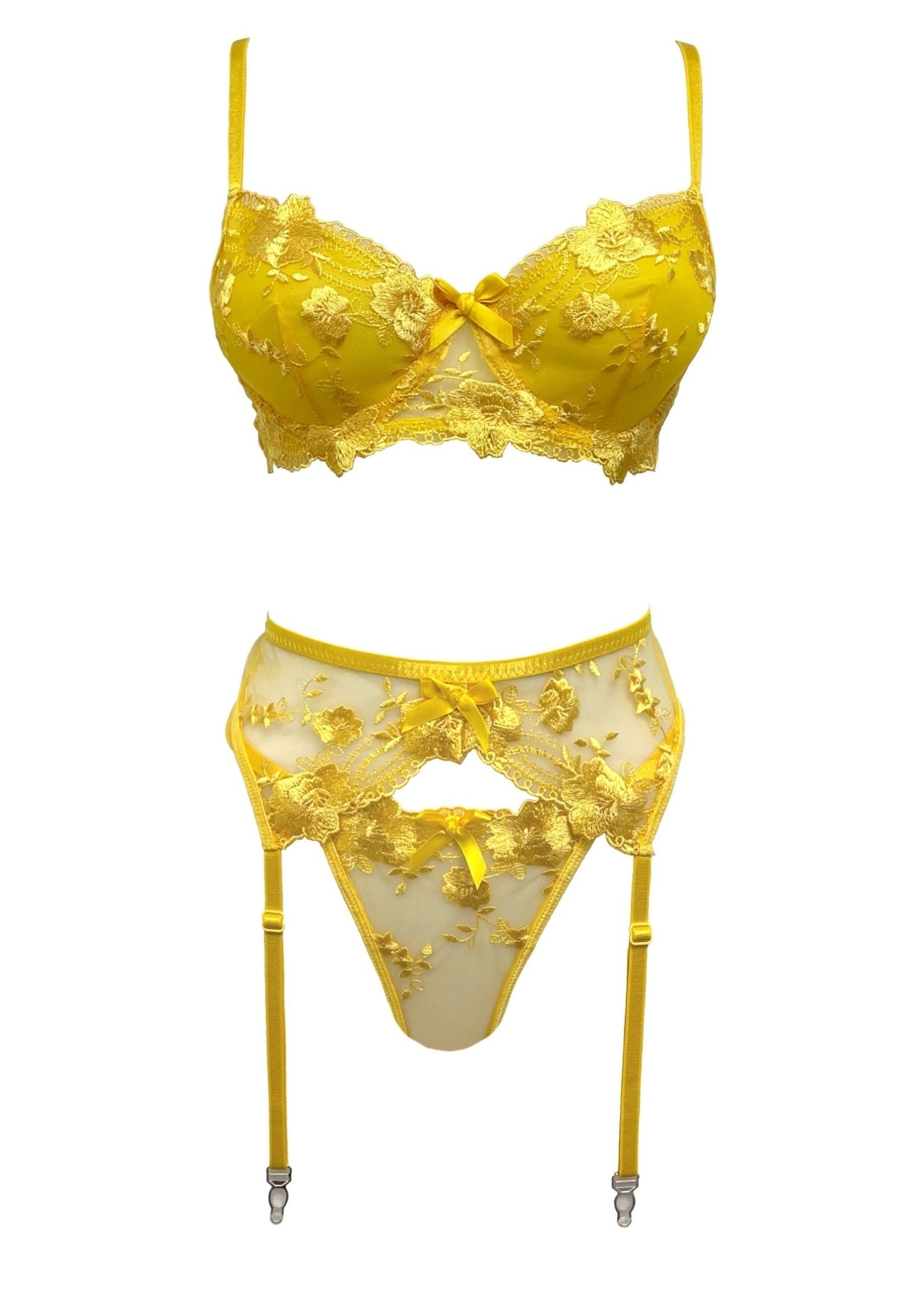 Unleash/ed Rita Yellow Mesh Underwired Bra, Thong & Suspender Lingerie Set - Sexy Lingerie
