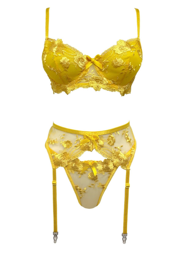 Unleash/ed Rita Yellow Mesh Underwired Bra, Thong & Suspender Lingerie Set - Sexy Lingerie