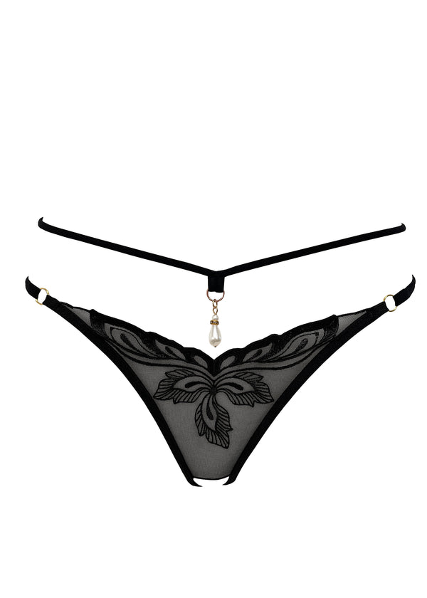 Unleash/ed Stella Crotchless Pearl Thong - Black Embroidery | Avec Amour Sexy Lingerie