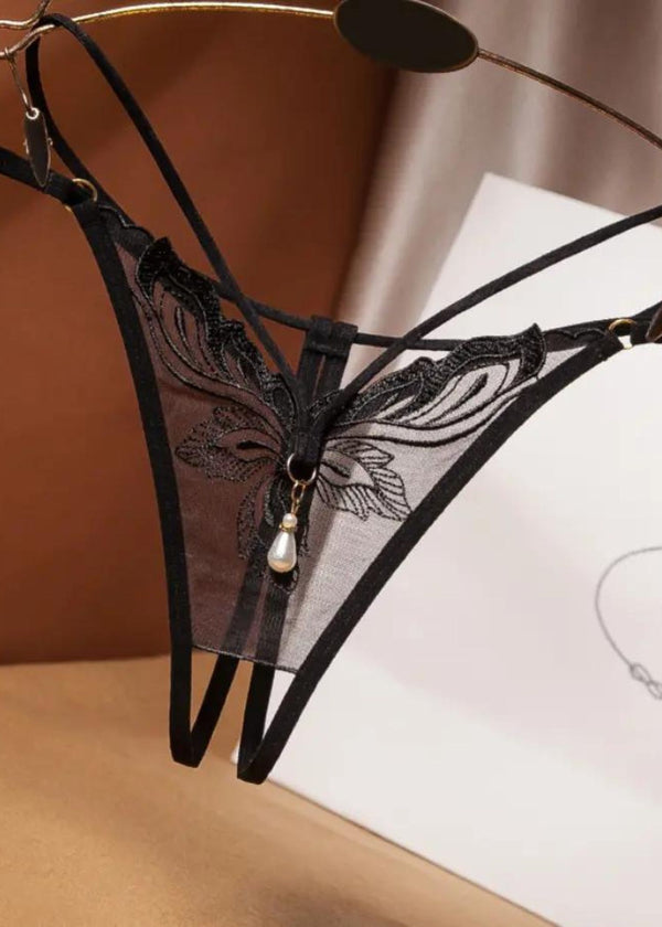 Unleash/ed Stella Crotchless Pearl Thong - Black Embroidery | Avec Amour Sexy Lingerie