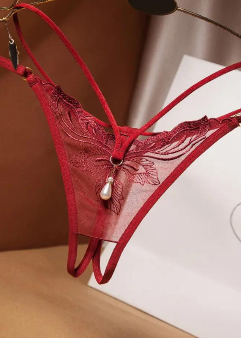 Unleash/ed Stella Crotchless Pearl Thong - Burgundy Embroidery | Avec Amour Sexy Lingerie
