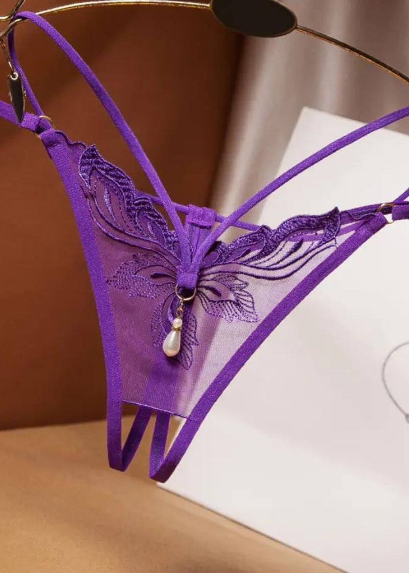 Unleash/ed Stella Crotchless Pearl Thong - PurpleEmbroidery | Avec Amour Sexy Lingerie