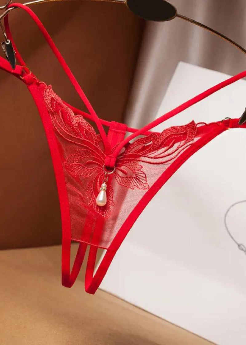 Unleash/ed Stella Crotchless Pearl Thong - Red Embroidery | Avec Amour Sexy Lingerie