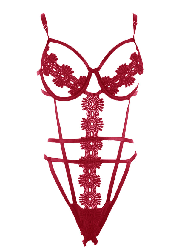 Unleash/ed Brenda Cut-Out Cupless Teddy - Red Embroidery - Plus Size Lingerie | Avec Amour Sexy Lingerie