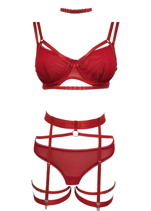 Unleash/ed Vlora Red Mesh Bra, Thong & Suspender Garter - Sexy Lingerie Set