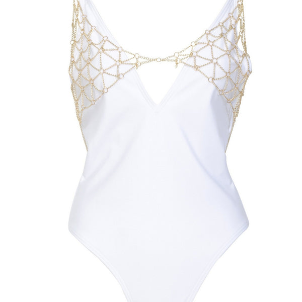 Wolf & Whistle Goldie White Swimsuit with Removable Chain